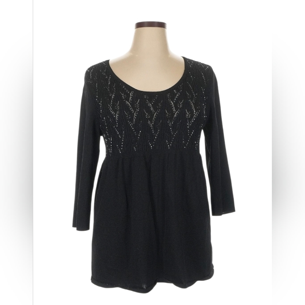 Emma James Black Knit Top Size Petite XL embellished Blouse *